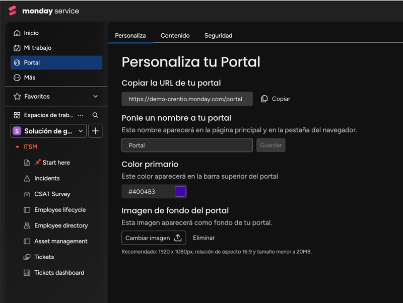 Personalización del portal monday service